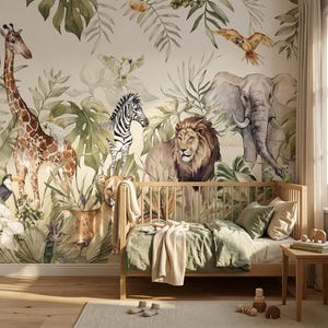 Jungle Animal Wallpaper with Giraffe, Elephant, Lion and Zebra, Tropical Safari Nursery Mural, Custom Size – Paradise