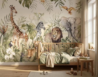 May include: A wooden toddler bed with sage green bedding and a cream blanket, positioned against a wall featuring a large-scale watercolor mural of a giraffe, zebra, lion, elephant, and various tropical birds amidst lush green foliage.