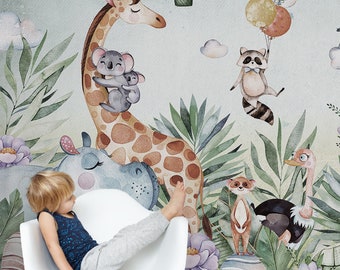 Papel pintado infantil &quot;Selva&quot; - mural con animales exóticos | Hecho a medida | Autoadhesivo o no tejido | Decoración de habitaciones infantiles