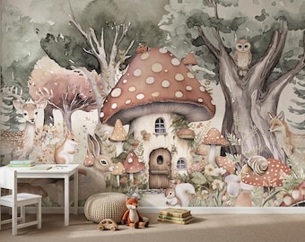 May include: A wall mural featuring a watercolor forest scene with a large central mushroom house, a deer, a fox, an owl, a rabbit, and a squirrel. The illustration includes various smaller mushrooms, trees, and foliage in muted earth tones.