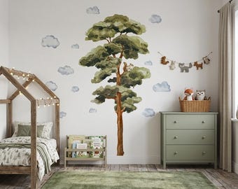 Watercolor Pine Tree Wall Decal for Nursery, Woodland Tree Sticker for Kids Room Decor