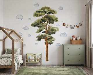 Adesivi Murali Animali Del Bosco E Pino Ad Acquerello - Decorazione Cameretta, Soggiorno, Camera Da Letto