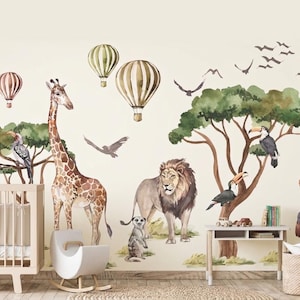 Savanna Animal Wall Decals Set for Kids Room, Giraffe Lion Trees Watercolor Nursery Decor