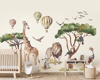 Savanna Animal Wall Decals Set for Kids Room, Giraffe Lion Trees Watercolor Nursery Decor
