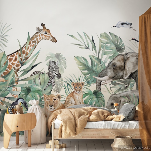 SAFARI / Kinderjunglebehang, Dierenmuurschildering, Giraf en olifant