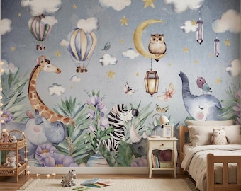 Jungle Night Kids Wallpaper – Safari Animals Mural with Giraffe Zebra Rhino Elephant – Nursery Jungle Wall Decor – Custom Wall Size