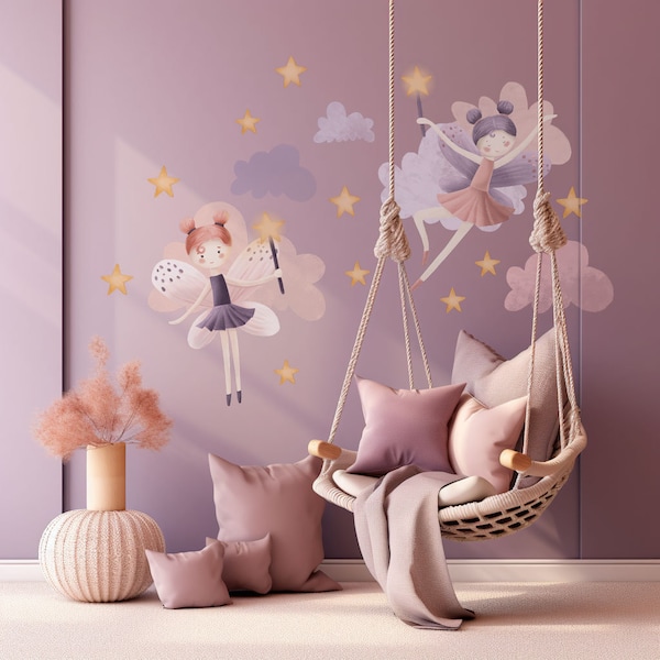 FAIRIES - Magic wall stickers for Girls / clouds and stars wall decal