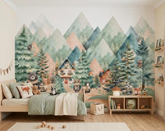 May include: A children's bedroom with a woodland theme. The room features a mural of watercolor mountains and trees, a wooden bed with green bedding, and stuffed animal toys. A small wooden bookshelf and a rug complete the scene.