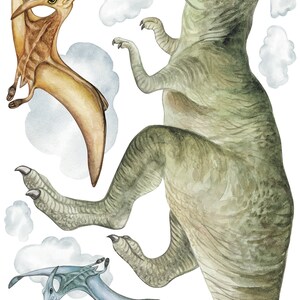 May include: Watercolor illustration of a Tyrannosaurus Rex, a Pterodactyl, and a Pterosaur with fluffy white clouds on a white background. The T-Rex is green and brown, the Pterodactyl is brown, and the Pterosaur is blue.