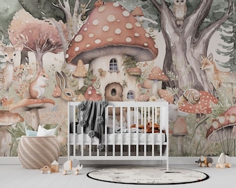 MUSHROOM / Forest wallpaper for children / fairy tale wall mural, forest animals