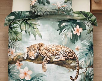 Cotton Kids Bedding Set, Jungle Leopard Bedding Set Tropical Leaves Duvet Cover 140x200 Pillow 80x80
