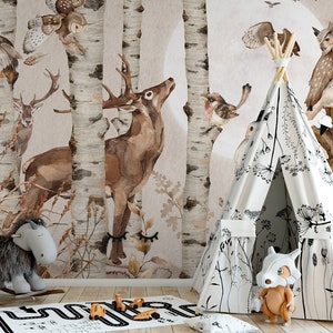 LUNA SONATA / Forest Wallpaper, Woodland Animals Wall Mural, Tree Moon Nursery Wall Art image 2