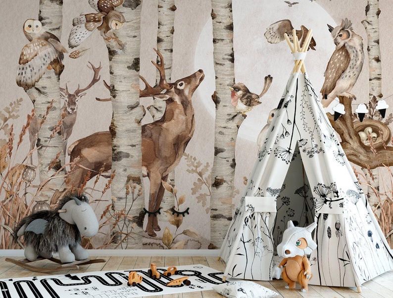 LUNA SONATA / Forest Wallpaper, Woodland Animals Wall Mural, Tree Moon Nursery Wall Art image 2