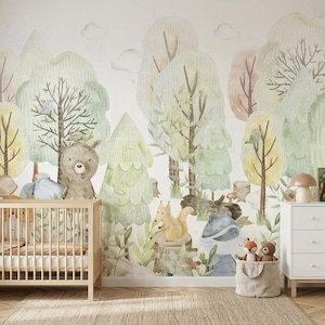 Waldtier-Tapete fürs Kinderzimmer – Wandbild mit Waldtieren | Neutrale Kinderzimmergestaltung | Individuelle Größe | Selbstklebend oder Vliestapete