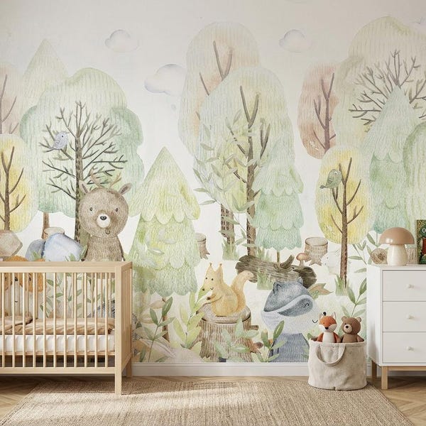 Woodland Kids Wallpaper – Forest Animal Mural | Neutral Nursery Decor | Custom Size | Peel & Stick or Non-Woven