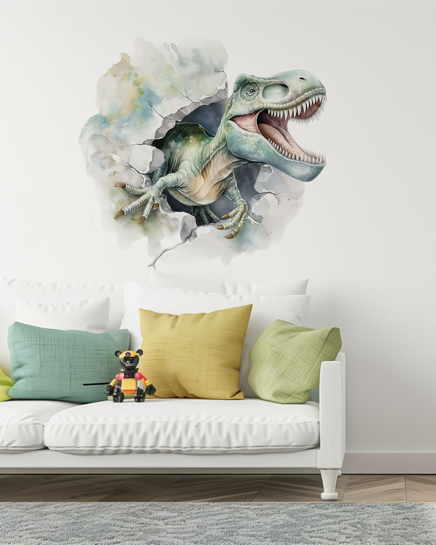 3D Dinosaur Wall Decal – Realistic T-Rex Breaking Through Wall – Boys Room Decor