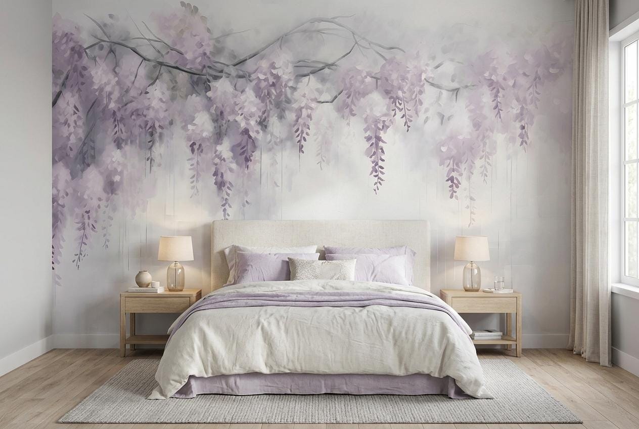 Wisteria Wallpaper | Hanging Blossom Wall Mural | Romantic Floral ...