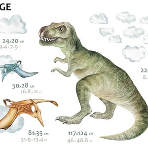 May include: Watercolor illustration of a large Tyrannosaurus Rex, two Pterodactyls, and fluffy white clouds. The T-Rex measures 46 x 48.8 inches. The Pterodactyls are 16.8 x 11 inches and 31.9 x 13.4 inches. The clouds are 9.4 x 7.9 inches and 8.6 x 5.1 inches.