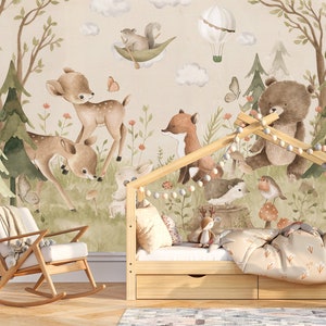 LITTLE ONE / Forest Kids Wallpaper, Woodland Animals Wall Mural, Deer Nursery Wall Art