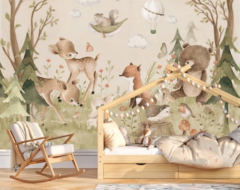 LITTLE ONE / Forest Kids Wallpaper, Woodland Animals Wall Mural, Deer Nursery Wall Art