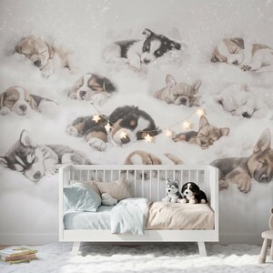 Papier peint « Rêve de chiots » – Fresque murale « Chiens endormis » pour chambre d’enfant et salle de jeux – Style pastel doux – Dimensions personnalisables