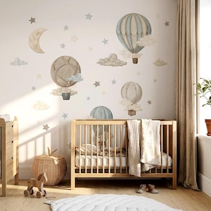Retro Hot Air Balloon Wall Decals, Nursery Wall Stickers, Vintage Watercolor Balloon Decor, Neutral Baby Room Decor