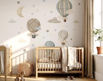 Retro Hot Air Balloon Wall Decals, Nursery Wall Stickers, Vintage Watercolor Balloon Decor, Neutral Baby Room Decor