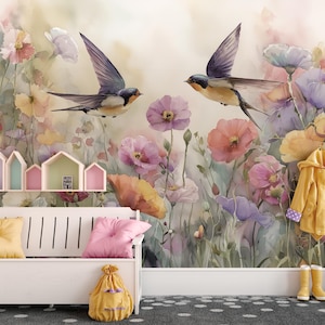 Zefira kids wallpaper – pastel floral design with swallows in watercolor style, girly wall decor for nursery and children’s bedroom