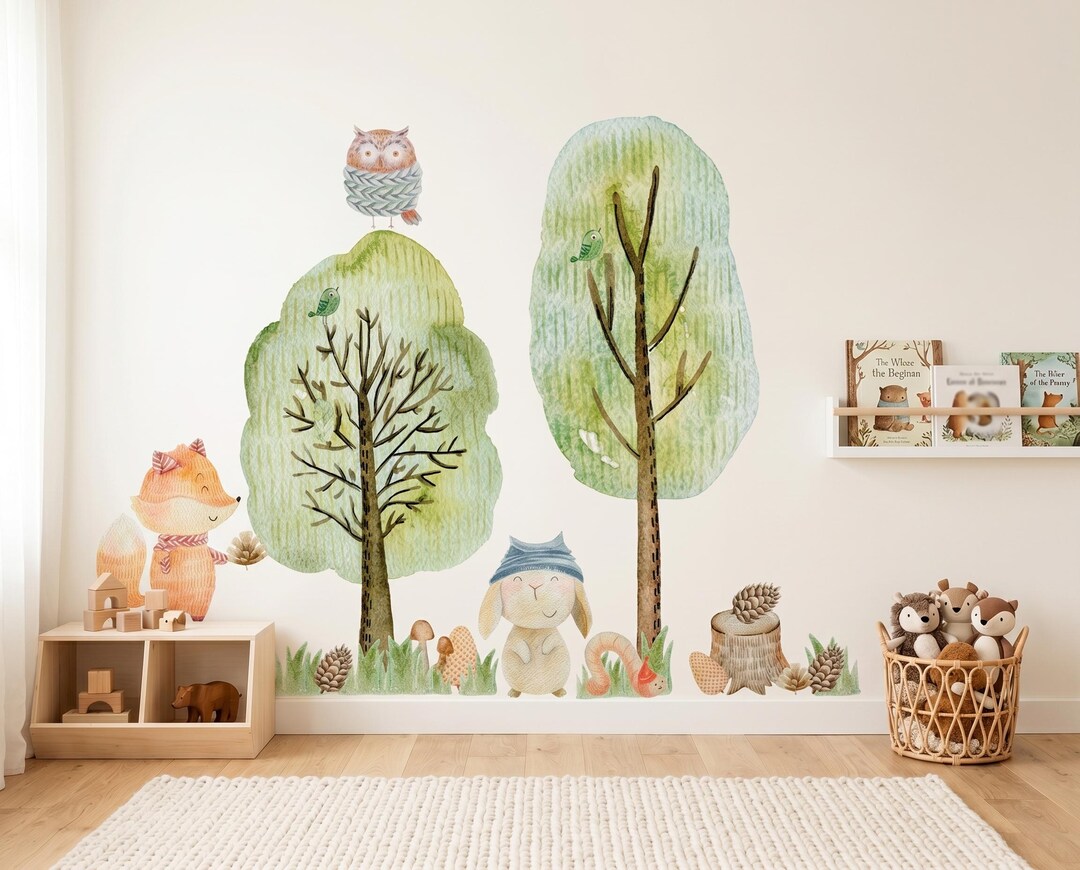 Forest Animals Wall Decals for Kids Room Watercolor Woodland Nursery ...