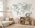 World Map Wall Decals with Animals, Green Watercolor Nursery Stickers, Kids Room Decor