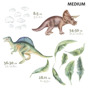 May include: Watercolor illustrations of dinosaurs and foliage. Includes a brown Triceratops (21.2 x 11.8 in), a green and blue Spinosaurus (22 x 11.8 in), and green leaves (11 x 4.3 in). Also includes white clouds (3.1 x 2 in).