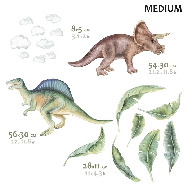 May include: Watercolor illustrations of dinosaurs and foliage. Includes a brown Triceratops (21.2 x 11.8 in), a green and blue Spinosaurus (22 x 11.8 in), and green leaves (11 x 4.3 in). Also includes white clouds (3.1 x 2 in).