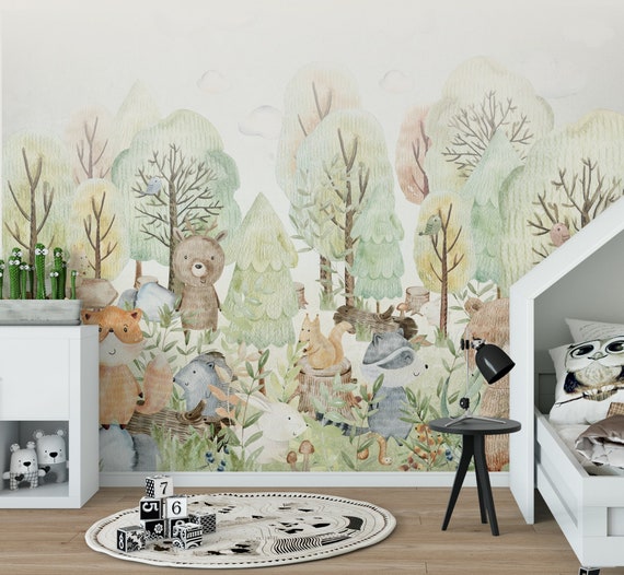 WOODLAND / Forest Wallpaperf for Kids, Woodland Animals Wall Mural, Nursery  Wall Art - Etsy