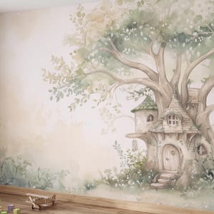 May include: A wall mural featuring a watercolor illustration of a large tree with a house built into its trunk. The artwork displays soft green and beige tones, depicting a dwelling with a rounded door, small windows, and leafy branches.