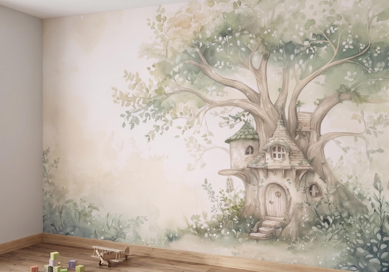 May include: A wall mural featuring a watercolor illustration of a large tree with a house built into its trunk. The artwork displays soft green and beige tones, depicting a dwelling with a rounded door, small windows, and leafy branches.