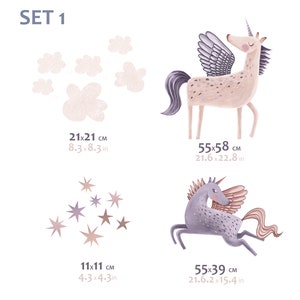 May include: Set of whimsical wall decals featuring a unicorn with wings, stars, and cloud shapes. The unicorn is depicted in two poses, one standing and one running. The set includes various sizes, with the largest unicorn measuring 21.6 x 22.8 inches.