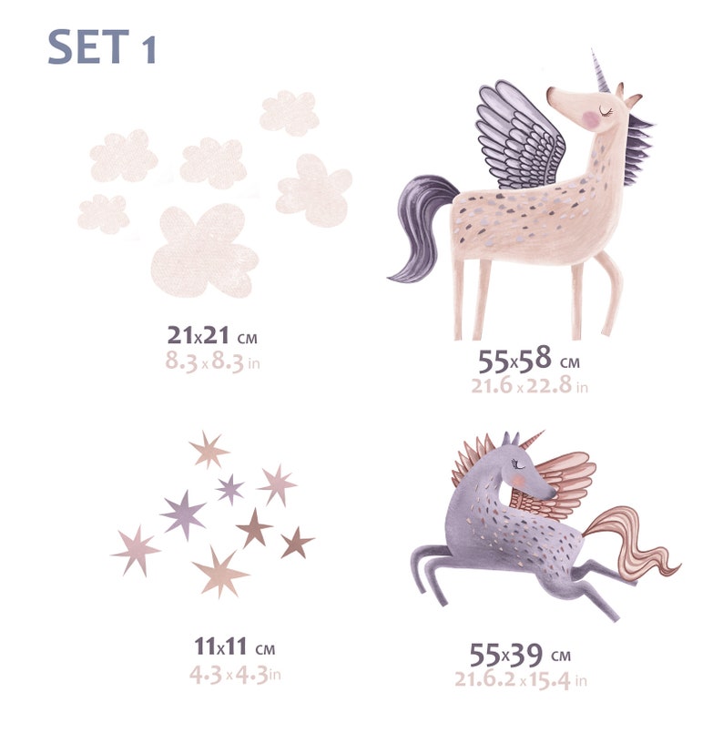 May include: Set of whimsical wall decals featuring a unicorn with wings, stars, and cloud shapes. The unicorn is depicted in two poses, one standing and one running. The set includes various sizes, with the largest unicorn measuring 21.6 x 22.8 inches.