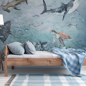 Carta da parati per bambini "Seaway" - murale con animali marini | Fatto su misura | Autoadesivo o non tessuto | Decorazione della cameretta dei bambini