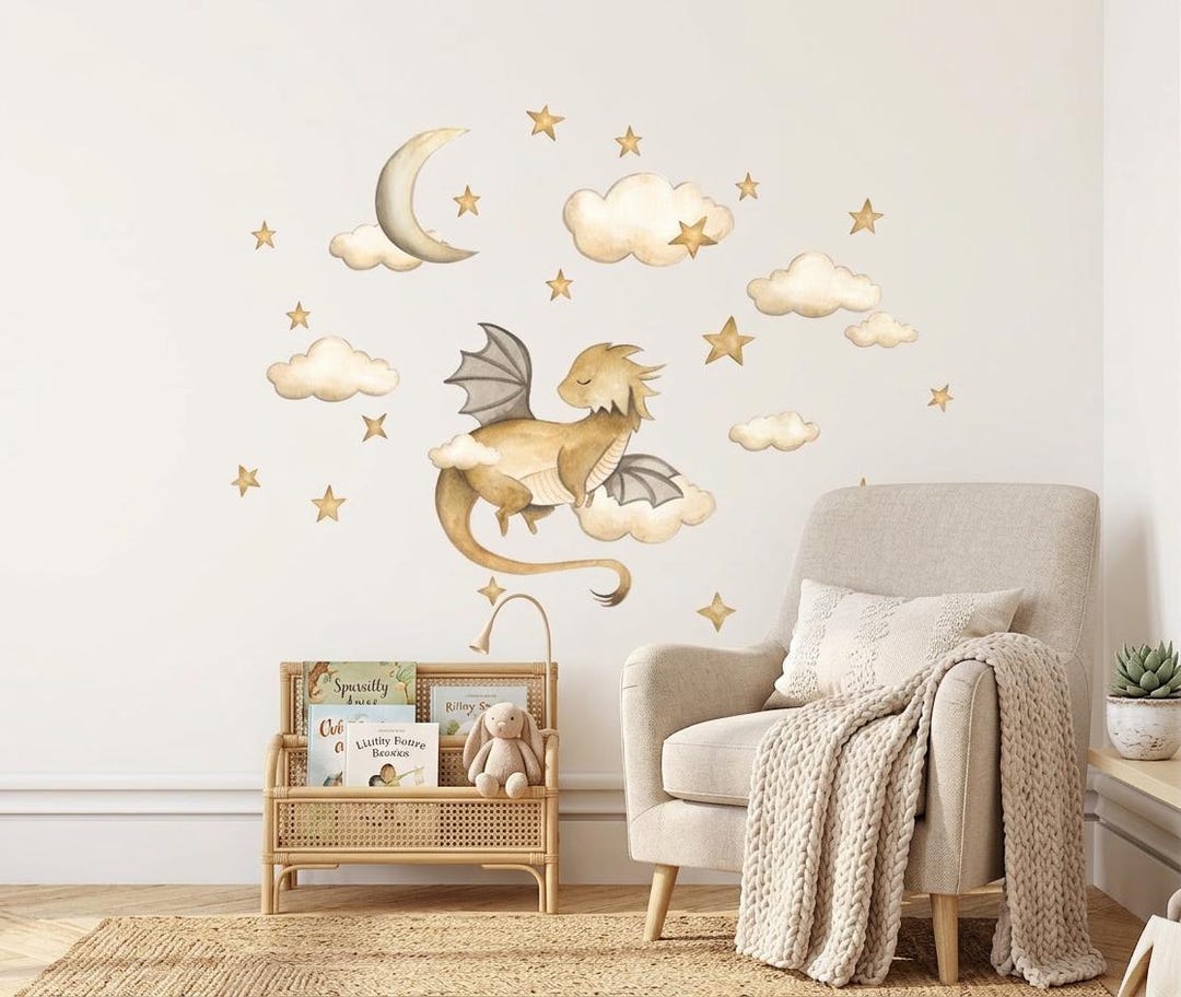 Cute Dragon Wall Stickers for Kids Watercolor Dragon Nursery Decor Moon ...