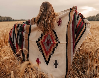 MANTA DE INSPIRACIÓN NATIVA | Alfombra de yoga navajo | Manta adorable | Alfombras de telar de pedal | Gran alfombra étnica mexicana de fibras teñidas a mano de alta calidad.