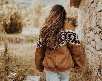 Giacca vintage, giacca western, giacca azteca, giacca boho, giacca vegana, giacca invernale oversize, giacca unisex con ricamo