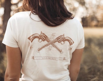 WILD WEST TSHIRT | Pistol Tee Shirt | Organic Cotton Tee | Western Folk Tshirt | Unique Inspired Backside Pattern Printed Soft Cotton Tshirt