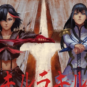 May include: Two anime characters, one in a red and black outfit with a red sword, the other in a white and blue outfit with a blue sword, stand facing each other on a brown and white background. The text "キルラキル" is written in red on the background.