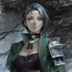 May include: A woman with short, purple hair and purple eyes is wearing a green jacket with silver armour on her shoulder. She is also wearing a black choker with a silver pendant and a black top. The background is a dark, shadowy forest with thorny branches.
