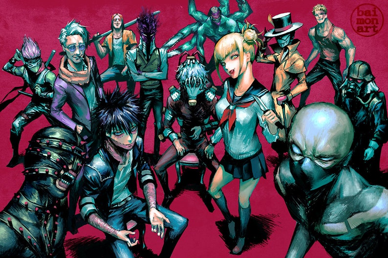 K&ouml;nnte beinhalten: Eine Gruppe von Anime-Charakteren in verschiedenen Posen und Outfits. Die Charaktere sind alle in einem dunklen und groben Stil gezeichnet, mit Fokus auf Details und Textur. Der Hintergrund ist einfarbig rot.