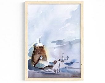 Kedarnath Temple Watercolor Print, Indian Landscape Art (Digital Download)