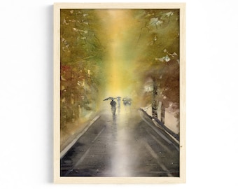 Pintura de acuarela de una mañana brumosa - Arte de paisaje de bosque brumoso