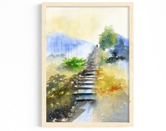 Watercolor Stairs Landscape Print, Green Trees Art (Digital Download)