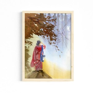 Original watercolor painting of Indian lady in sari.