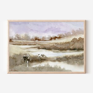 Neutral minimalist watercolor landscape, printable watercolour horizontal wall art, printable wall art living room wall decor art prints